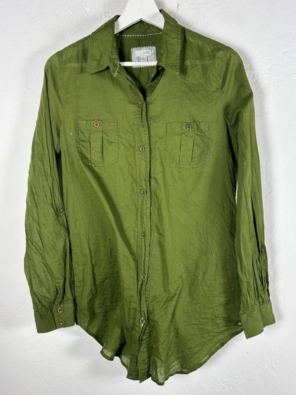 Anthropologie Odille Womens Green Button-Up Shirt Small Cotton Roll-Tab Sleeve